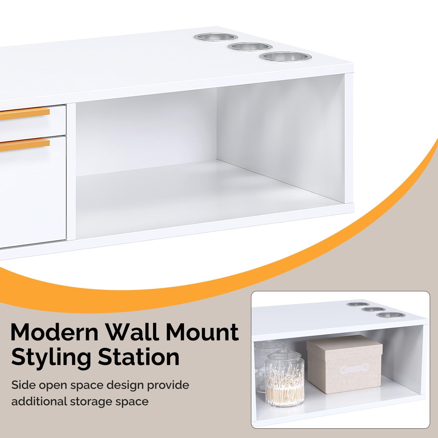 OmySalon Wall Mount Salon Station, Hair Stylist Cabinet with 3 Heat Resistant Dryer Holders, 2 Drawers & Open Shelf, Storage Organizer for Barbershop, Beauty SPA, Bathroom, White Gold