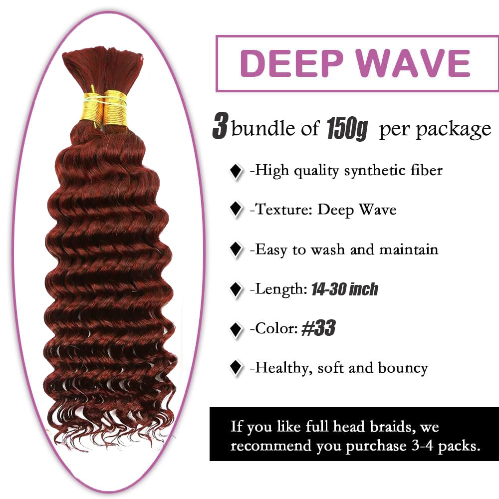 32 32 32 Inch Reddish Brown Human Braiding Hair For Boho Braids Copper Red Boho Hair For Braiding No Weft Color #33 Reddish Brown Braids 150g
