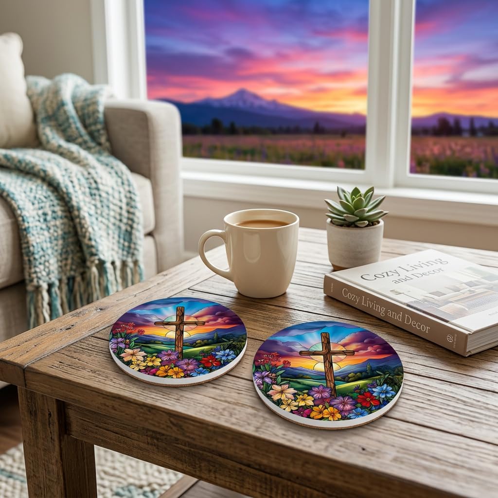 2pcs Floral Cross Car Coasters - 2.75 Inch Sunset & Cross Design, Durable Car Interior Accessories for Car Cup Holder Coaster for Friends Vibrant Sunset Easter Decor