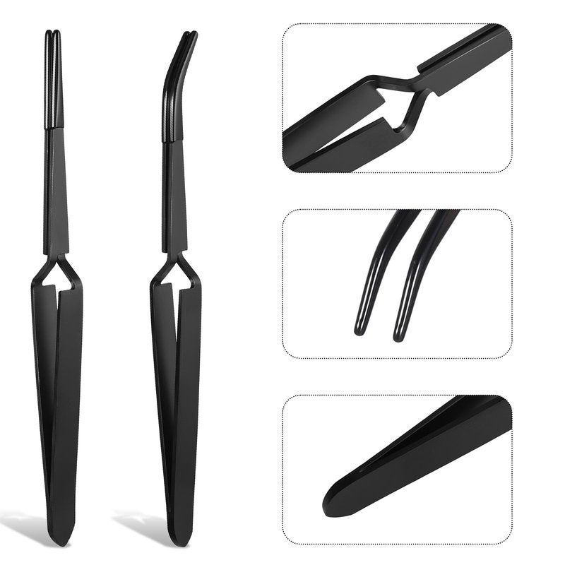 Reverse Tweezers for Crafting, 2 Pcs Rubber Tipped Tweezers Stainless Steel PVC Coated Bent and Straight Flat Tip Cross Locking Precision Tweezer Set for Crafts Jewelry Beads Coins Electronic (Black)