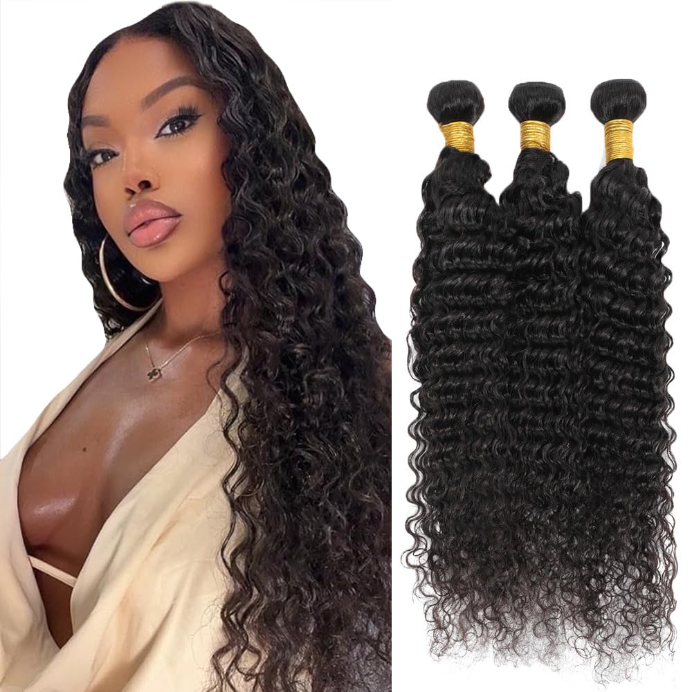 #1B Human Hair Bundles Natural Color Deep Wave Bundles 20 22 24 Inch Balck Bundles Unprocessed Brazilian Virgin Hair 3 Bundle 50 Gram Per Bundle Deals Quick Weave Hair Extensions