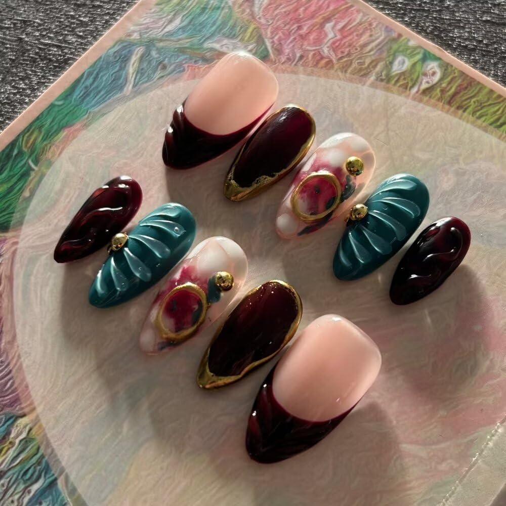 Fall Press On Nails - Handmade Gel Almond Fake Nails, Brown Art Design | Reusable 10 Pcs Acrylic Kit (Size S)