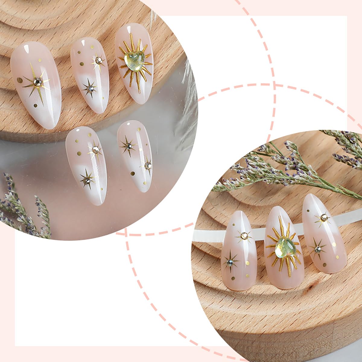 Almond Press-On Nails - 24Pcs Medium Length Gold Star Designs | Full Cover Nude Gradient Acrylic with Rhinestones
