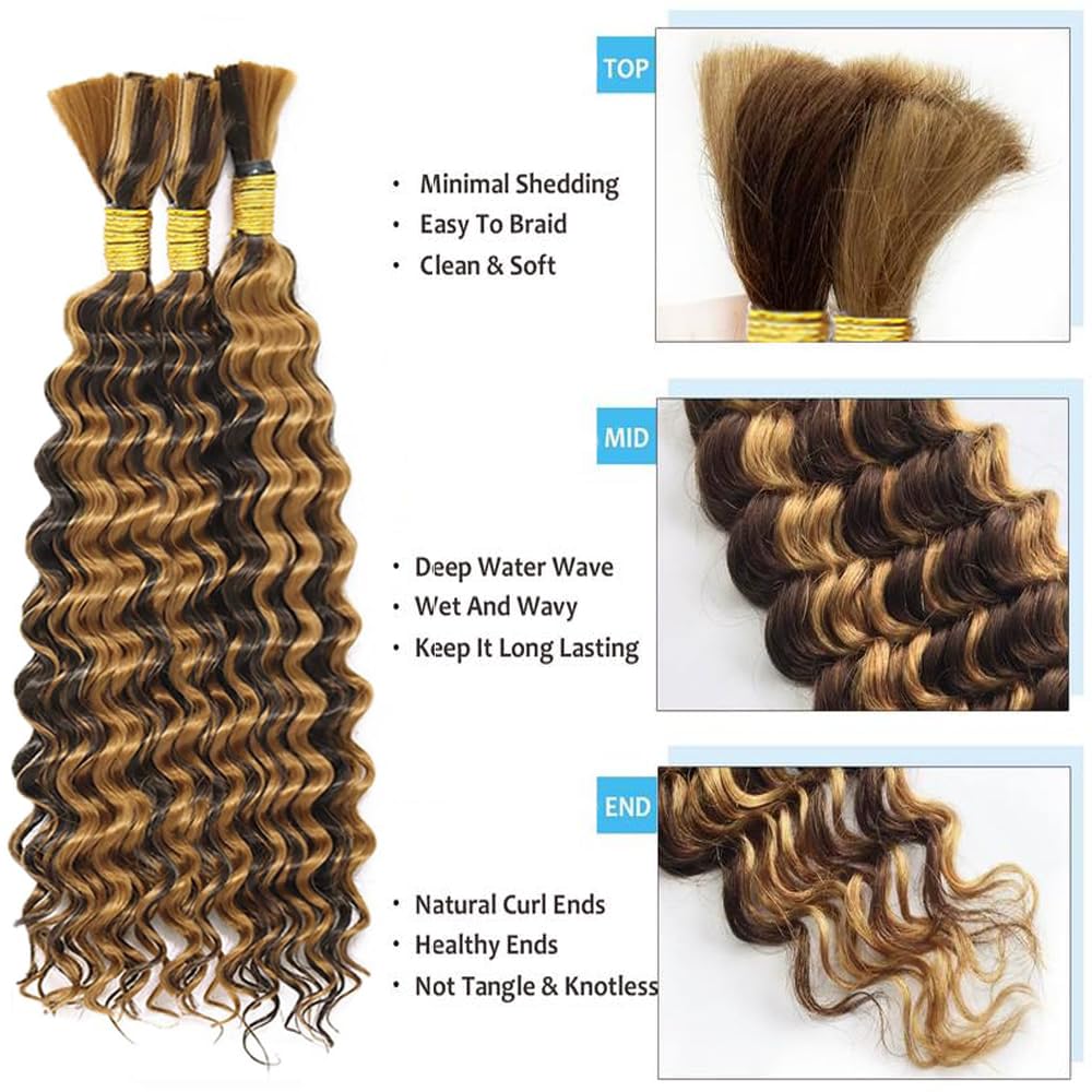 P427 Highlight Blonde Human Braiding Hair Deep Wave Bulk 24 24 24 Inch 150g/3 Bundles Light Honey Blonde Deep Wave Braids Human Hair Extensions