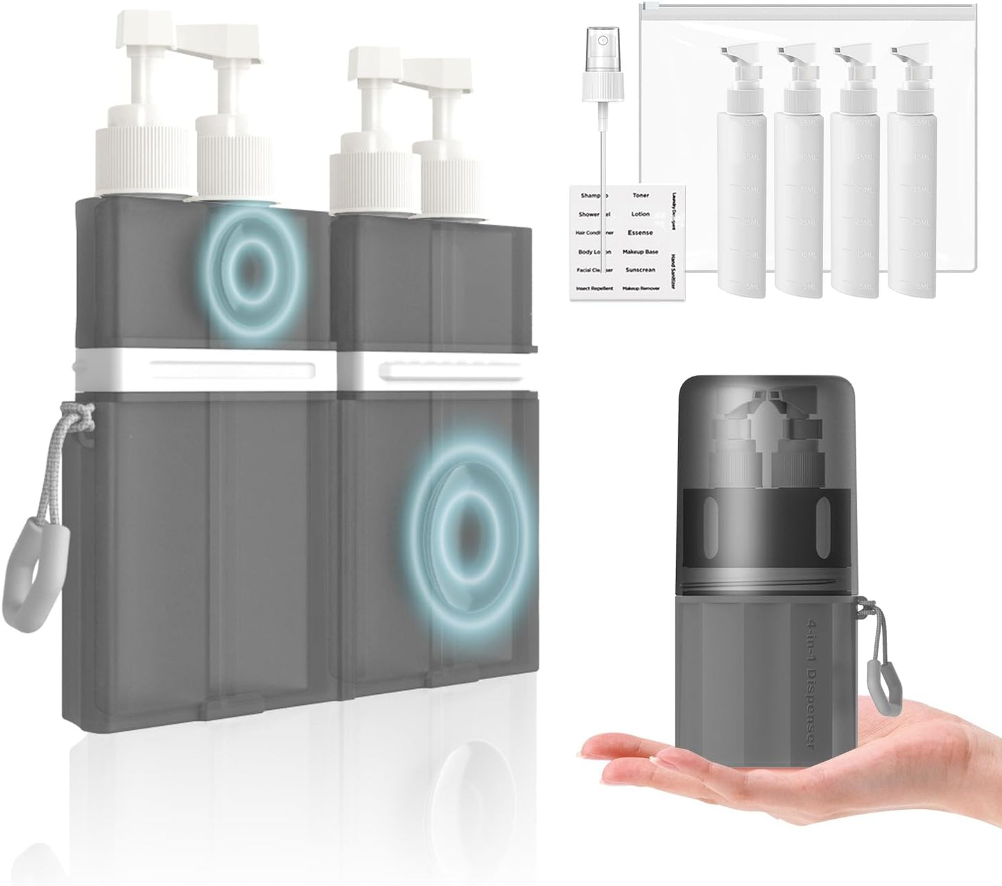 Travel Toiletry Containers - TSA Approved 4-in-1 Refillable Bottles Set with Suction Cup | Grey