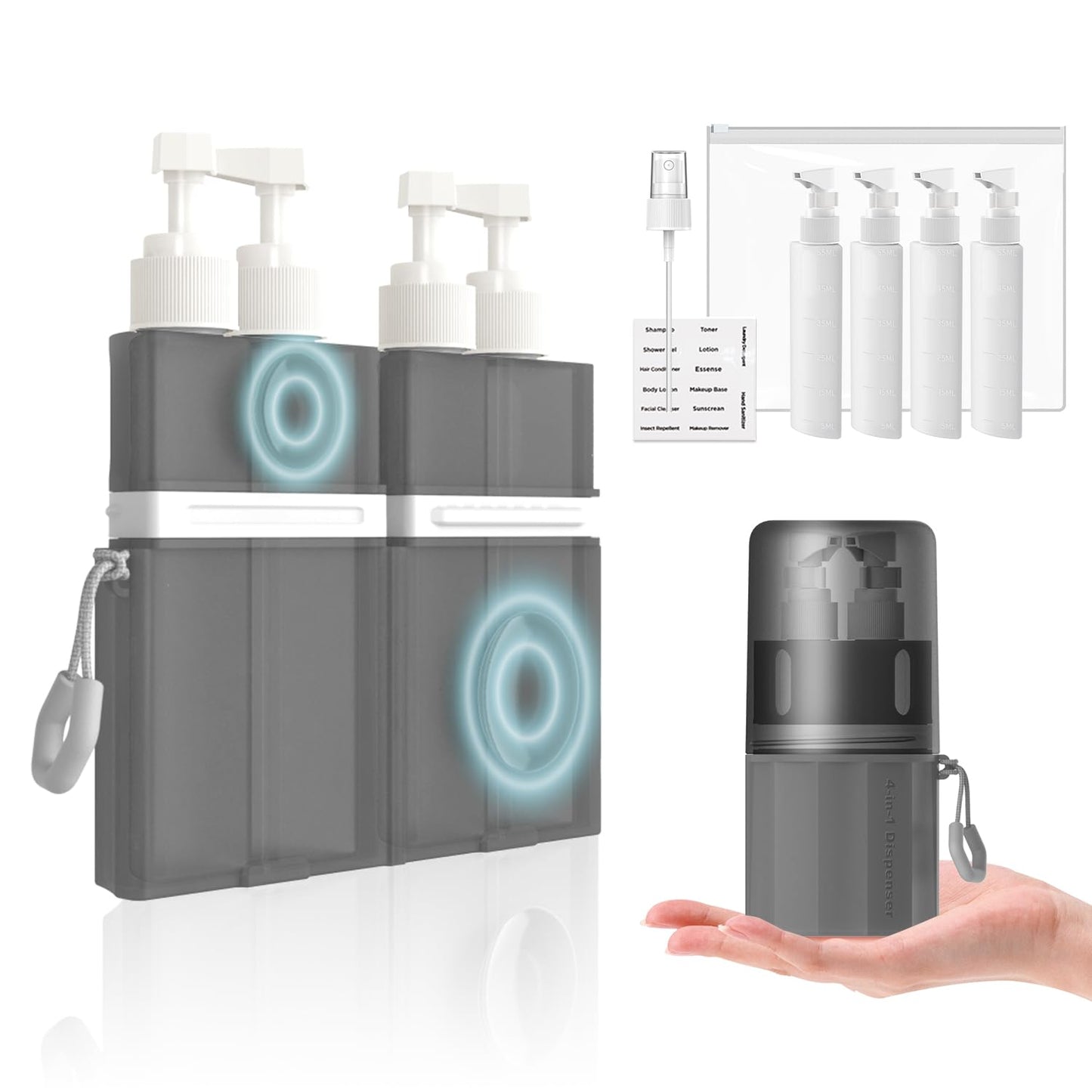AnOis7ter 4 in 1 Travel Dispenser Bottle, TSA Approved Refillable Shampoo and Conditioner Bottles Set with Suction Cup for Smooth Walls, Travel Size Toiletries Container for Body Wash/Lotion.(Grey)