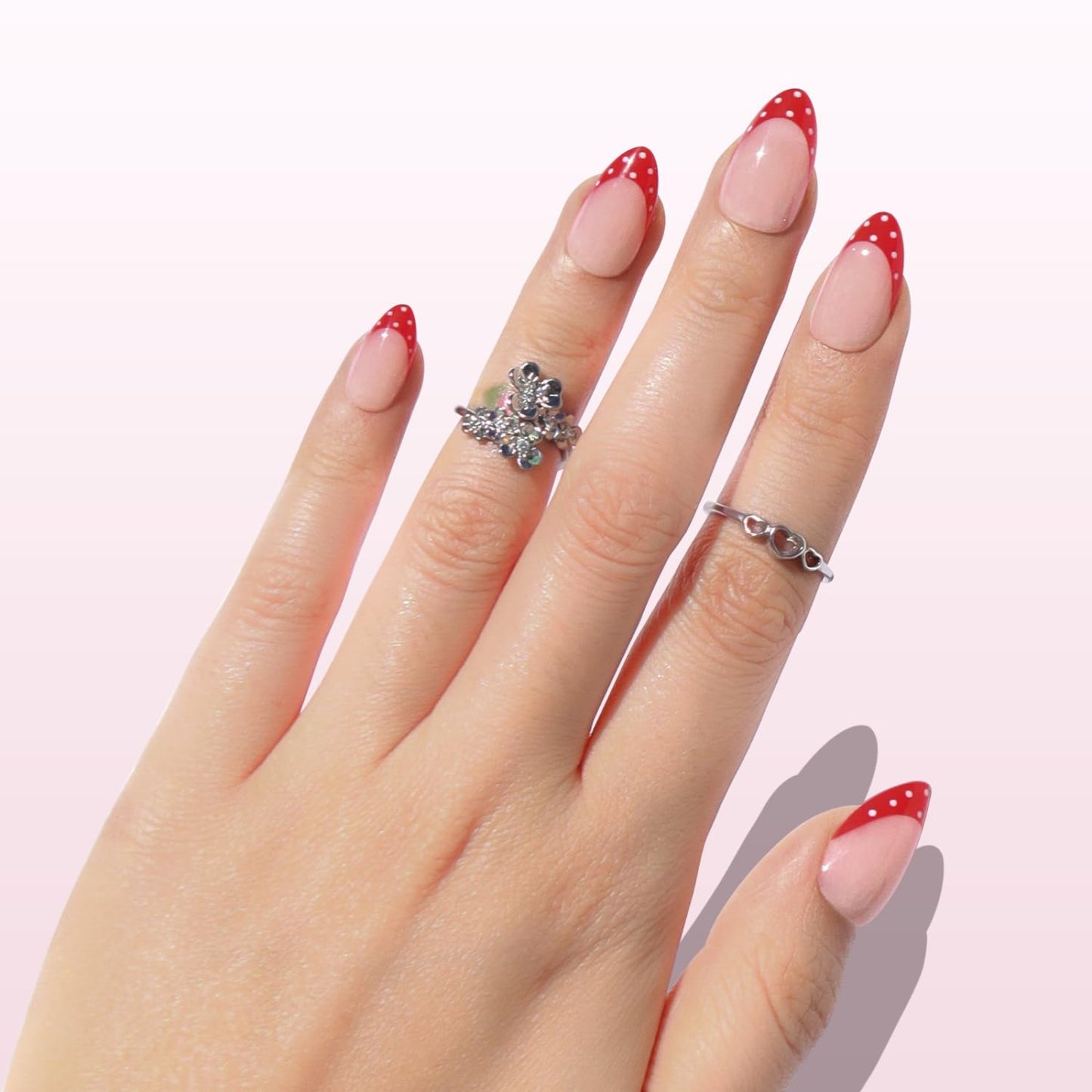 Press On Nails - Strawberry Seed Milky Pink Almond Fake Nails with Red Polka Dot French Tip | Glossy Reusable 32 Pcs in 16 Sizes - Perfect Manicure Gifts for Women