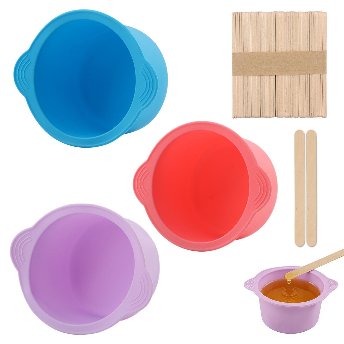 Silicone Wax Warmer, 3pcs Reusable Silicone Wax Bowl for Waxing Replacement Non-Stick Easy to Clean Wa-x Pot Replacement with 50 Pcs Spatula Sticks for Hair Removal