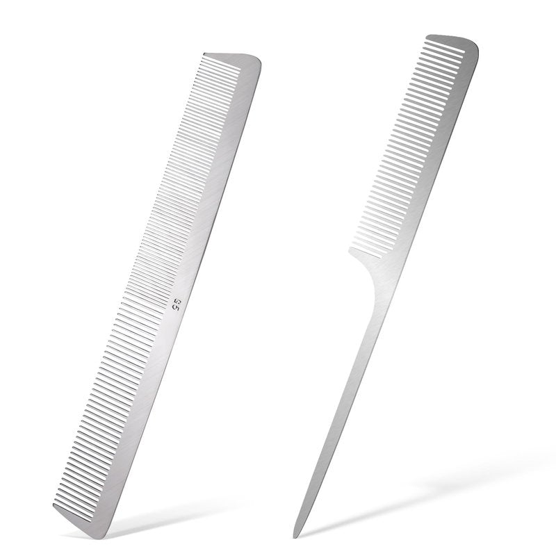 2 PCS Stainless Steel Rat Tail Comb with Metal Pick and Flat Top Barber Comb for Hair Styling