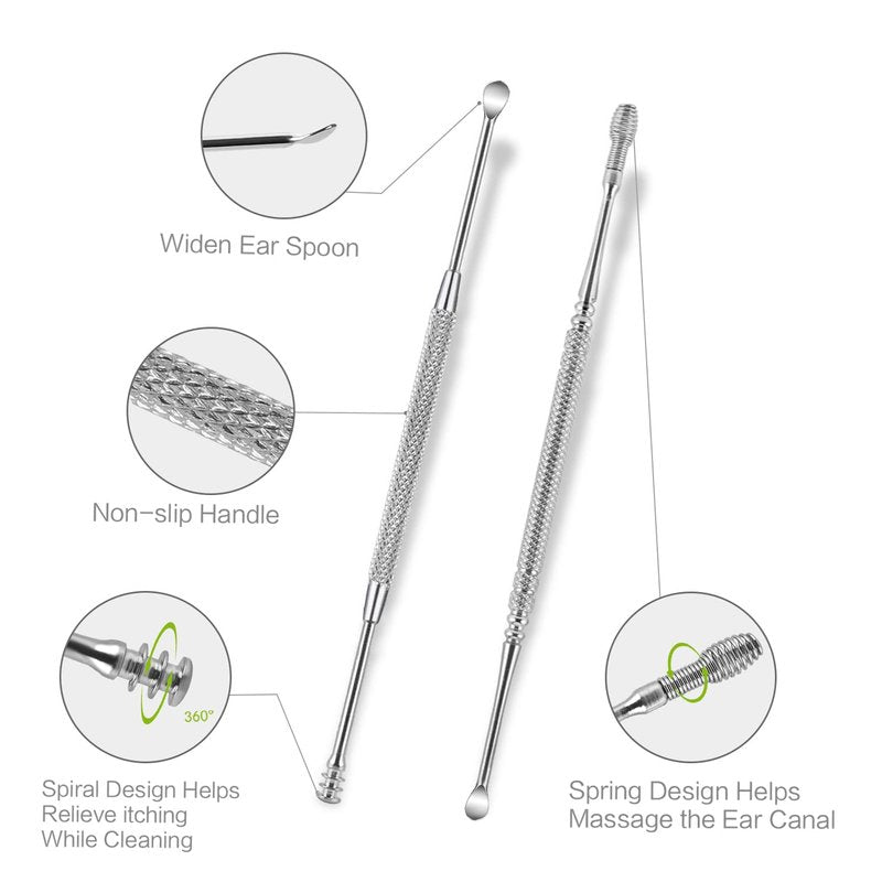 4 Pack Ear Wax Removal Tool Kit with Light, Ear Pick Ear Cleaning Tools Set for Kids and Adults, Ear Picks Digger & Tweezers & Spiral Spring Ear Spoon with Storage Box (Green)