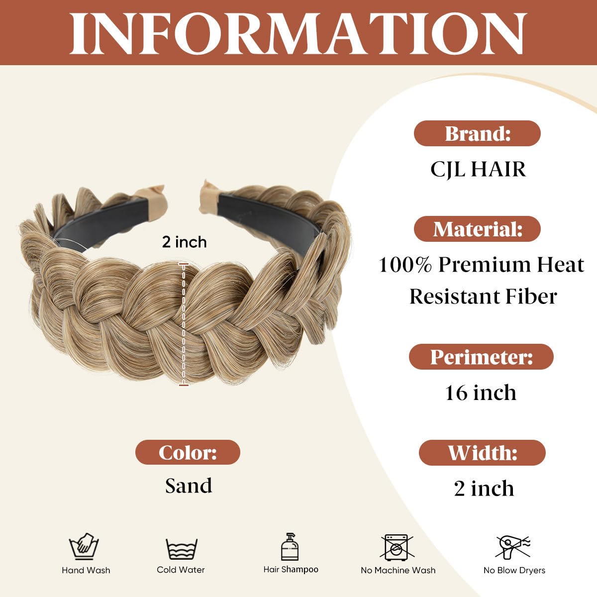 Braided Headbands for Women - Handmade Synthetic Hair Hoops with Teeth | Sand Color, 1PC