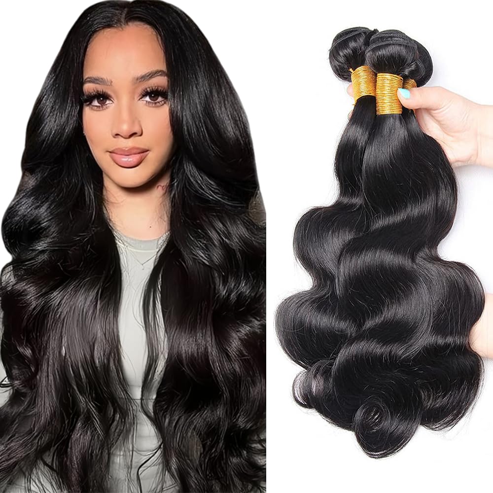 HuxoWax Human Hair Bundle Natural Black Body Wave 16 18 20 Inch Doubles Weft Unprocessed Virgin Human Hair Extensions Weave 3 Bundles #1b Color 150g