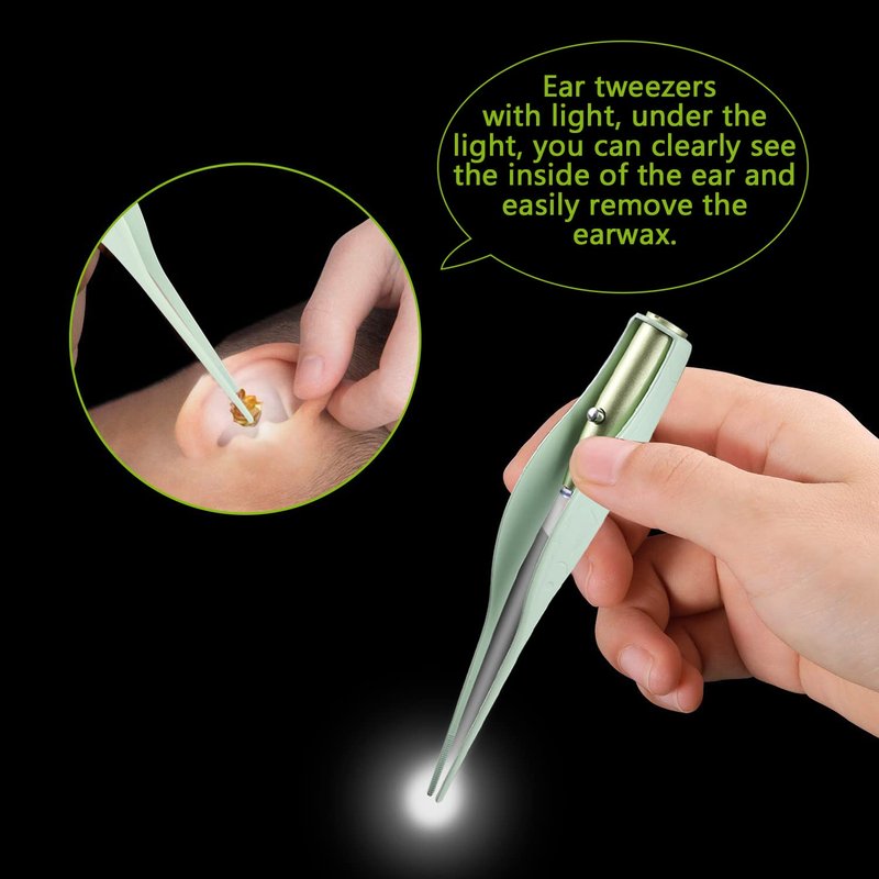 4 Pack Ear Wax Removal Tool Kit with Light, Ear Pick Ear Cleaning Tools Set for Kids and Adults, Ear Picks Digger & Tweezers & Spiral Spring Ear Spoon with Storage Box (Green)