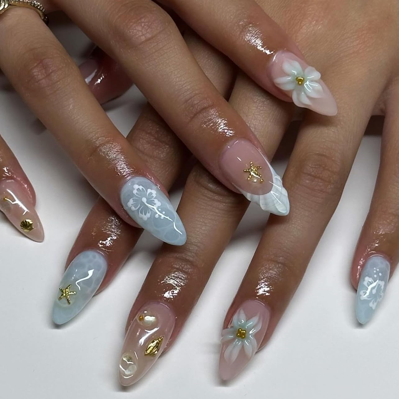Cat Eye French Tip Press-On Nails - Nude & Pink Short Almond | Reusable Glue-On Nails with Gold Line for Weddings & Parties