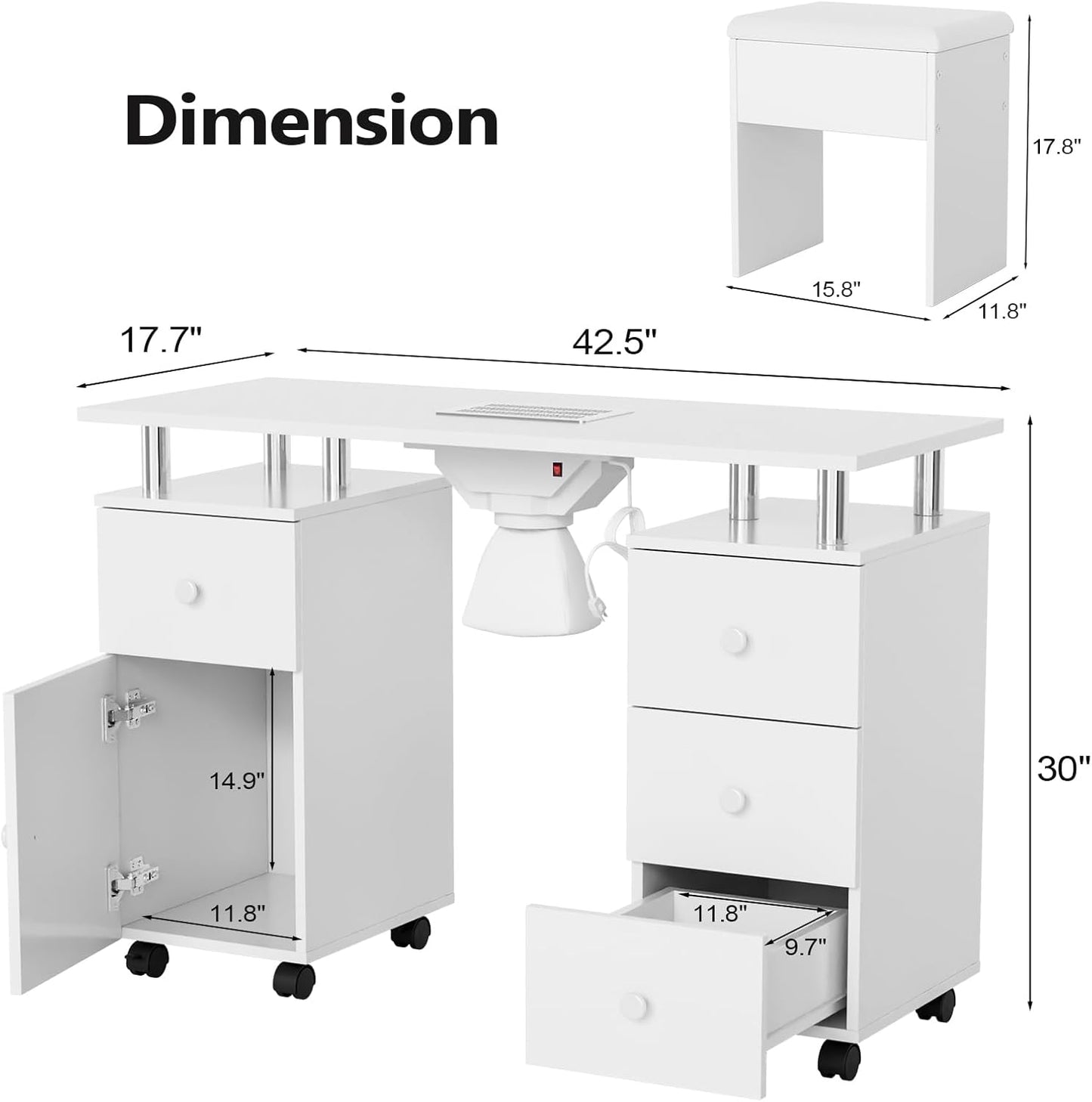 Nail Desk and Chair Set - Acetone Resistant Manicure Table with Dust Collector & Storage Drawers | White