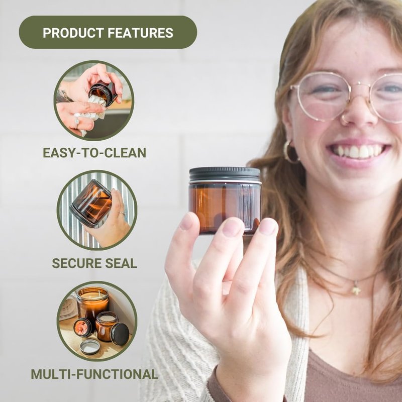 Glass Amber 2oz Jar - Lead-Free Round Jars for Beauty Products | Black Lid, Ideal for Lotions & Powders