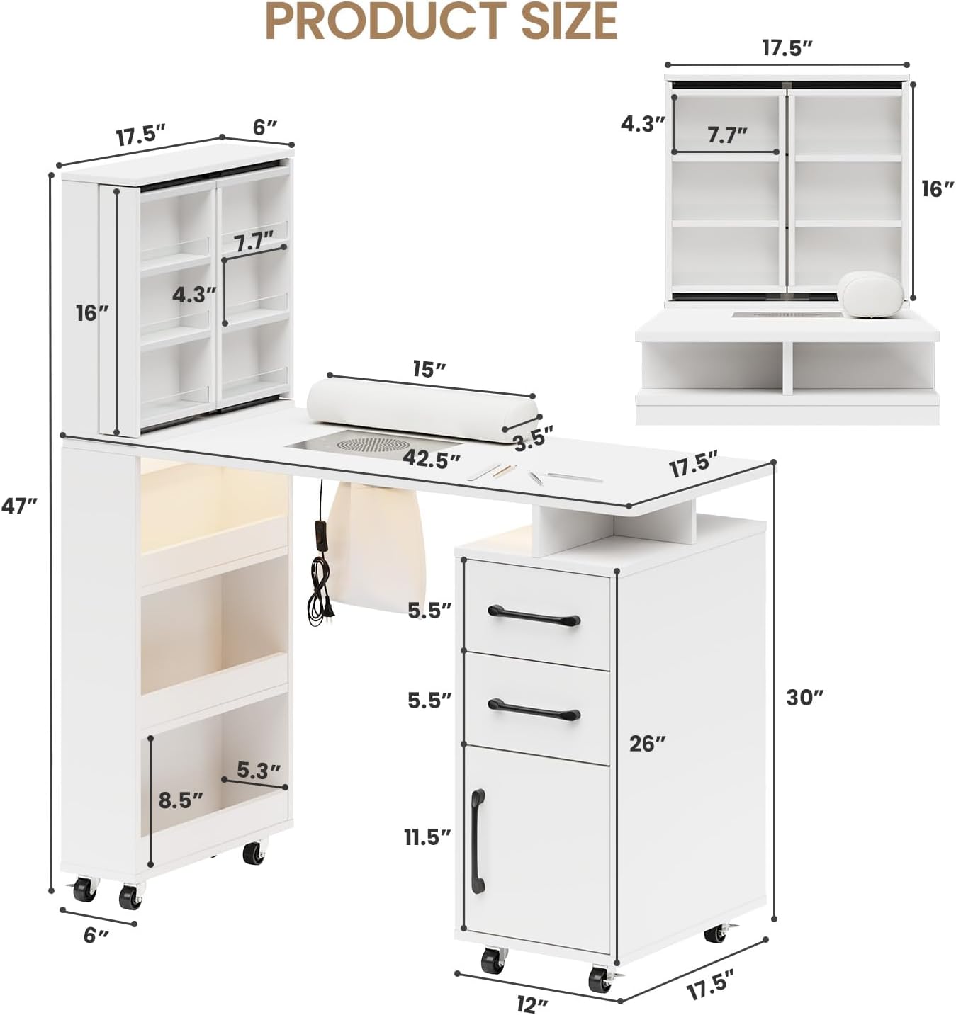 Manicure Table - Nail Desk with LED Light & Dust Collector | Extendable Polish Cabinet, White