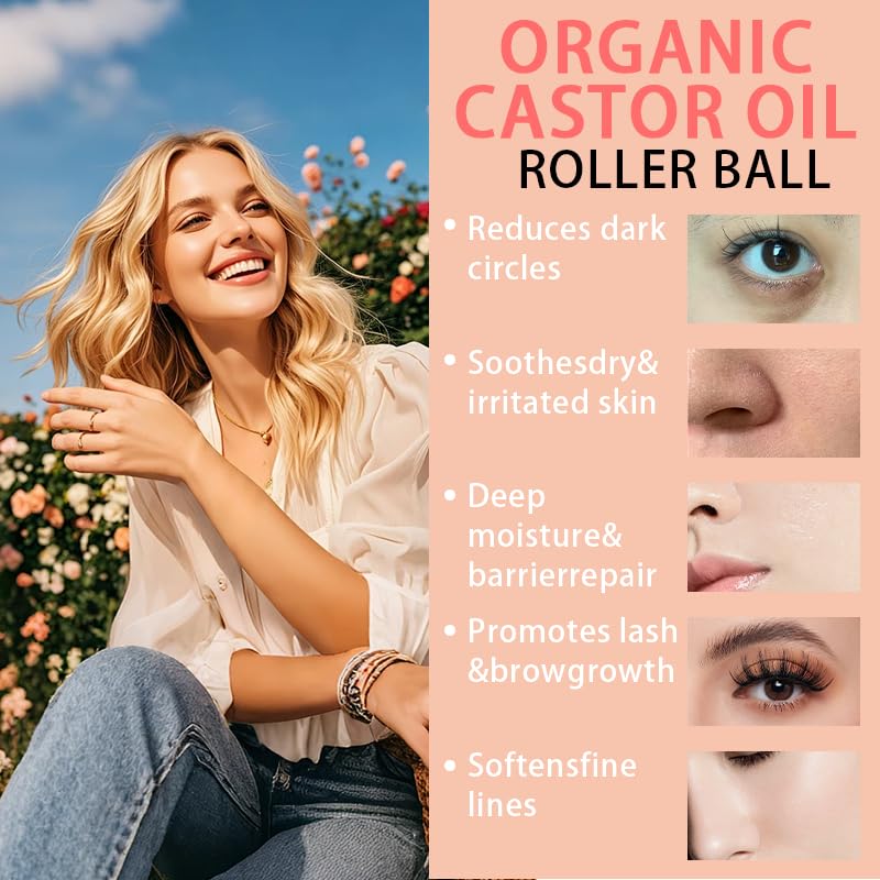 Organic Castor Oil Roll-On with Rose Quartz - 100% Pure Cold-Pressed & Unrefined | 50mL (1.7oz) for Skin, Eyebrows & Eyelashes