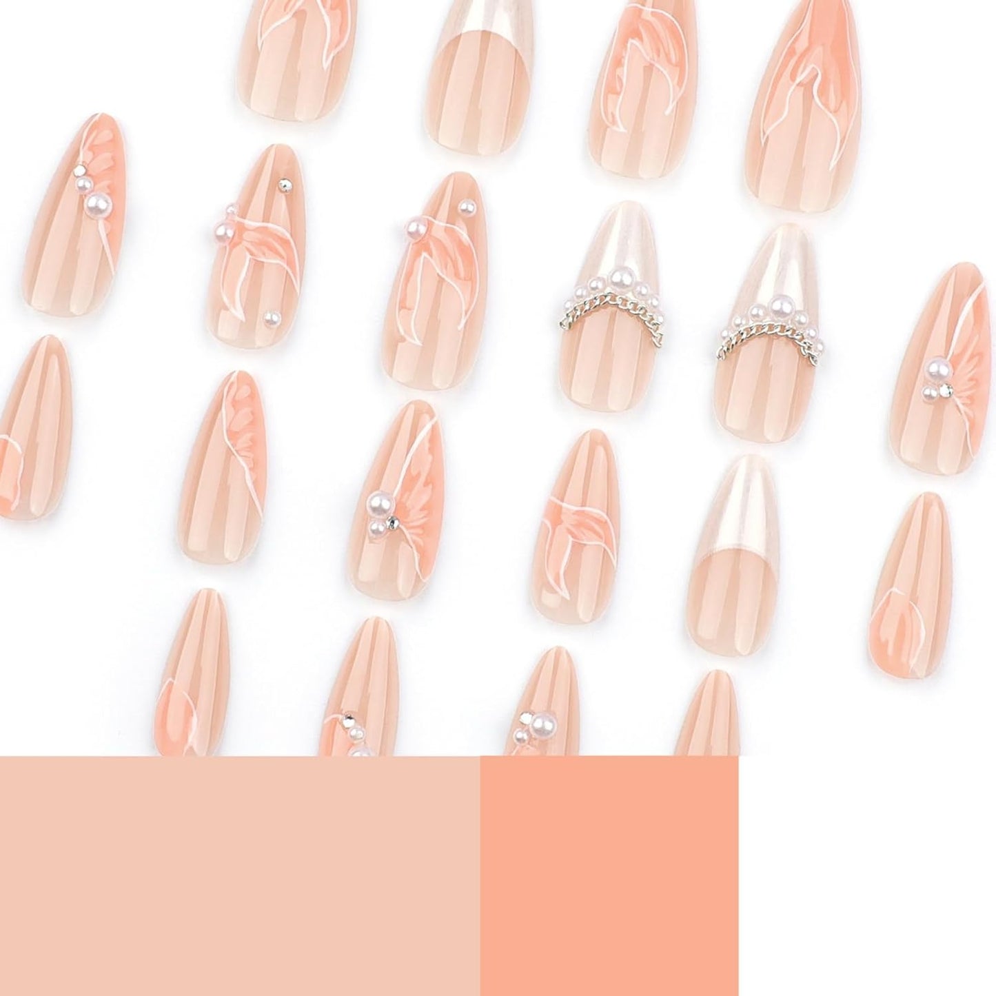 Nude Press On Nails - Fishtail French Tip Design | Glossy Full Cover Medium Almond 24 Pcs for Women