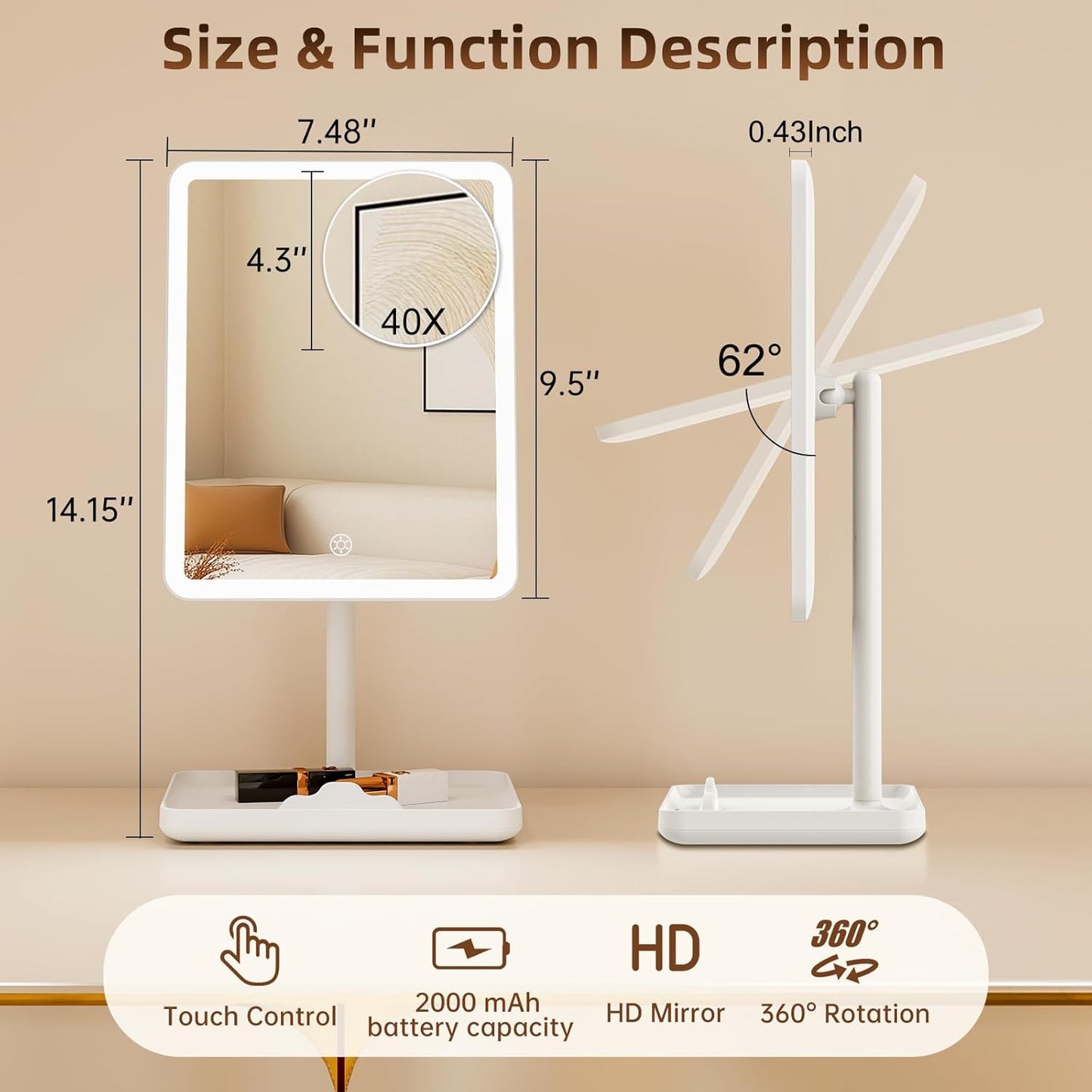 Vanity Mirror with Lights - Rechargeable Makeup Mirror | Smart Touch, 3-Color Dimmable Lighting, 40X Magnification, White