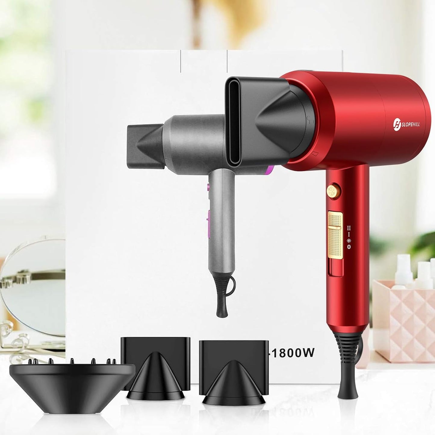 Ionic Hair Dryer - Powerful 1800W Fast Drying with Low Noise | 2 Concentrator Nozzles & 1 Diffuser - Agate Red