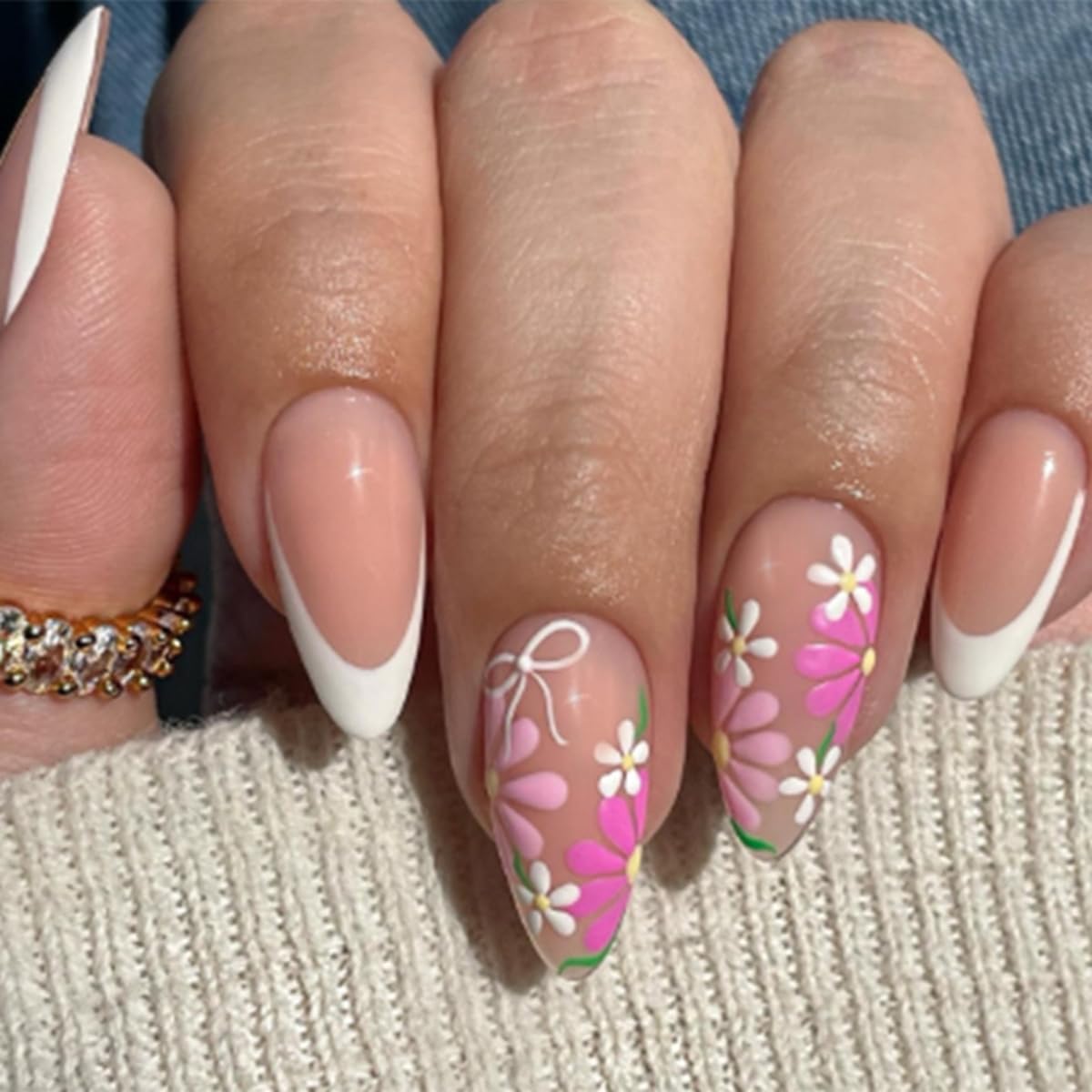 Pink Press-On Nails - 24 Pcs Short Almond White French with 3D Pearl Bow & Butterfly Design | Full Cover Acrylic Nail Art Tips for Women