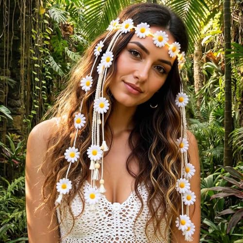 CAKURE White Boho Daisy Headband Light Up Flower Hair Accessory for Women