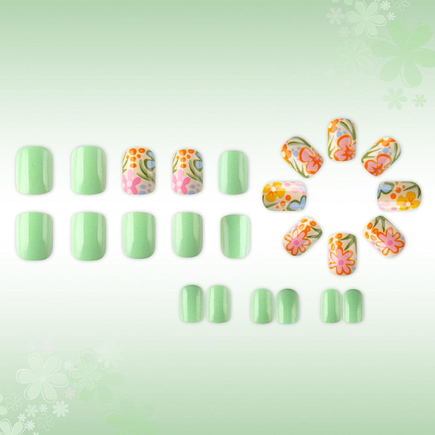 Press On Nails - Sage Green Short Square Fake Nails with Floral Design | 24 Pcs Reusable Glossy Artificial Nails for Women