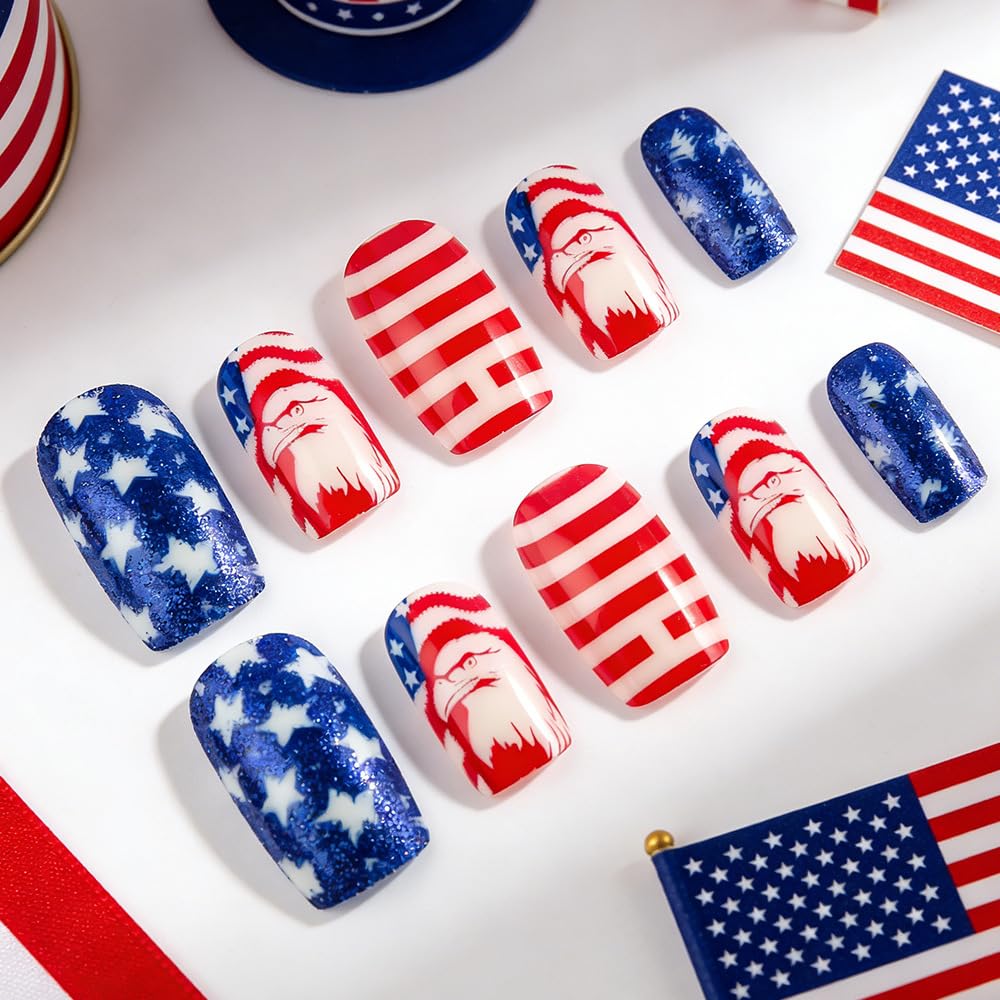24Pcs 4th of July Press on Nails Medium Square Fake Nails with Star | Eagle Designs Patriotic Glossy False Nail Fourth of July Nails - 4th of July Nails for Women Girls