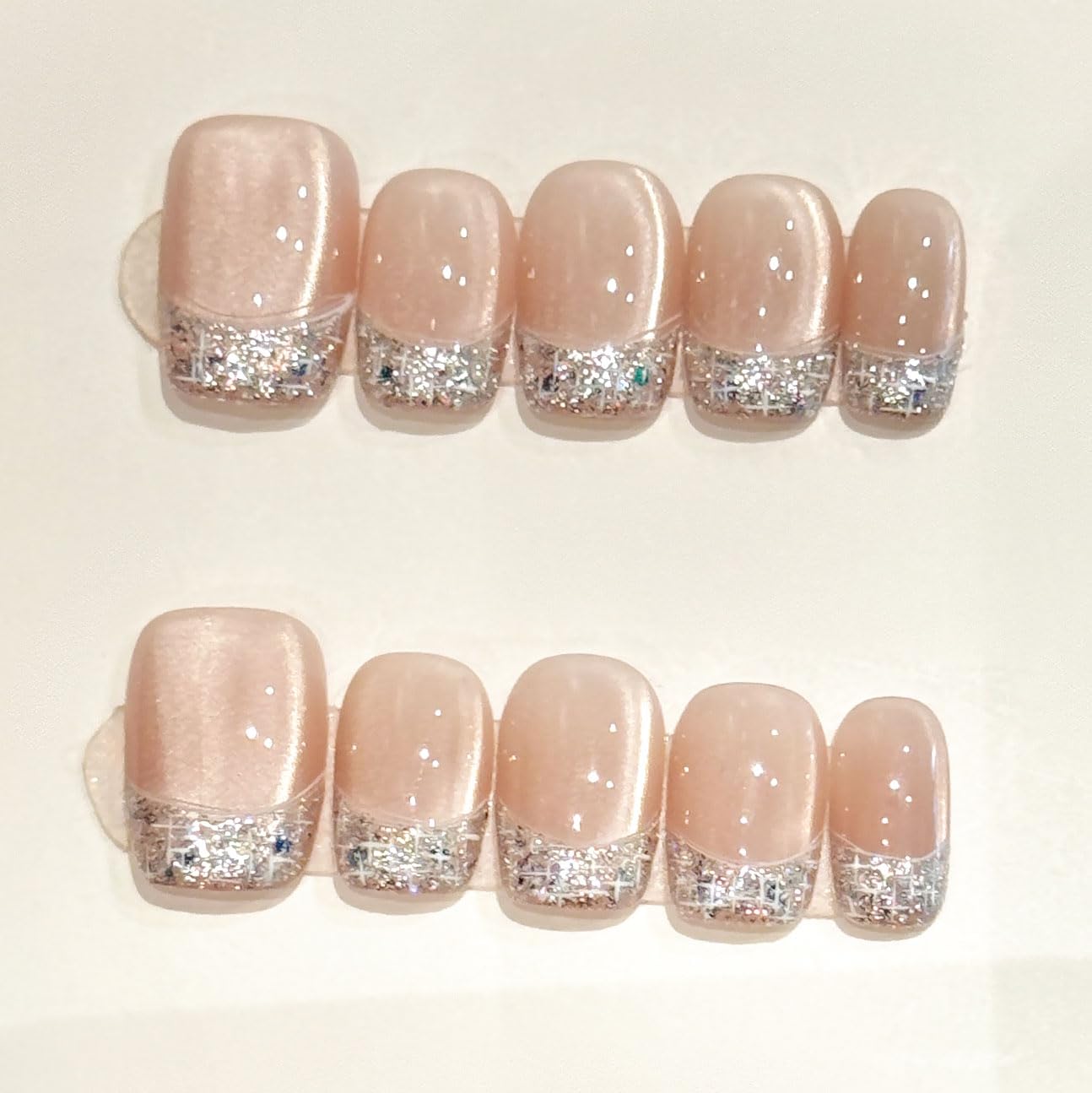 Handmade Press On Nails - Nude Pink Glitter French Tips | 10 Pcs Reusable & Easy to Apply