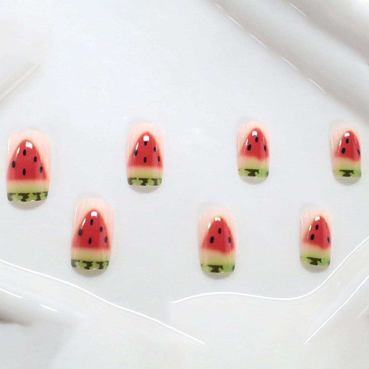 Press-On Nails - Medium Square Watermelon French Tips | Glossy Acrylic Full Cover, Reusable 24 Pcs for Women
