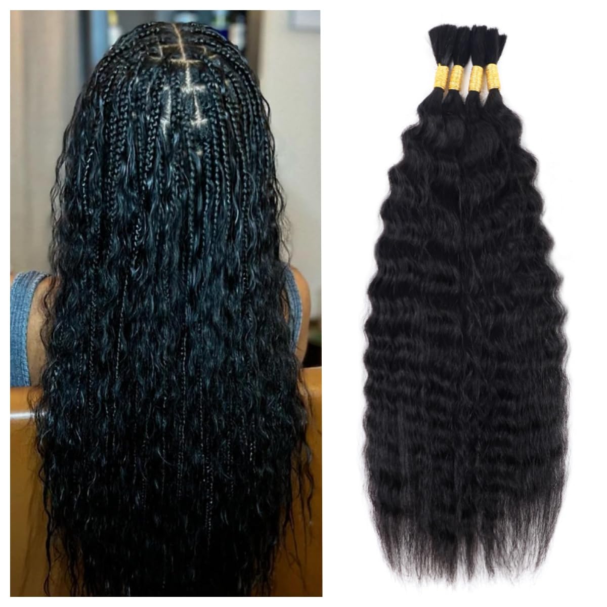 RLHAIR Wet and Wavy Human Braiding Hair Super Wave Bulk Human Hair For Braiding No Weft 100g (1Pack-4PCS) Super French Human Braiding Hair For Boho Braids (Super Wave（#1b）, 20 Inch)