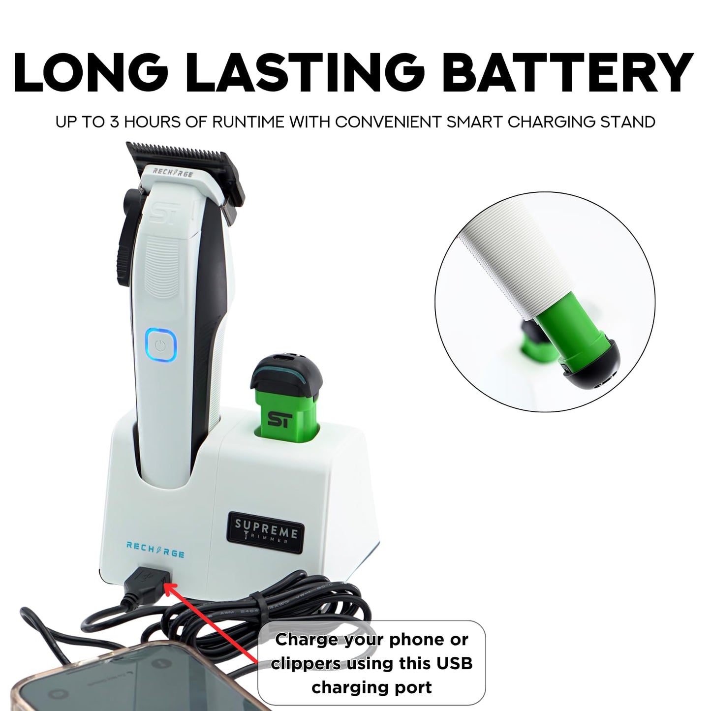 Supreme Trimmer Recharge Clipper - Professional Hair Clipper with 2 Removable Batteries, Brushless Motor, Smart Charge Stand, USB-C Charge & DLC Blades Barbers | STC779