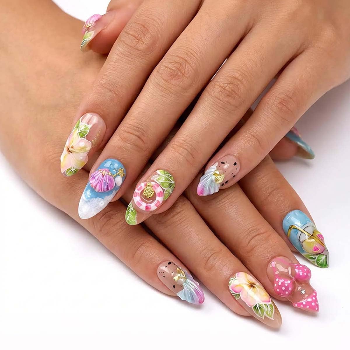 Press-On Nails - 24Pcs Medium Almond Beach Flower Design | Full Cover Acrylic with Shell & Starfish Rhinestones