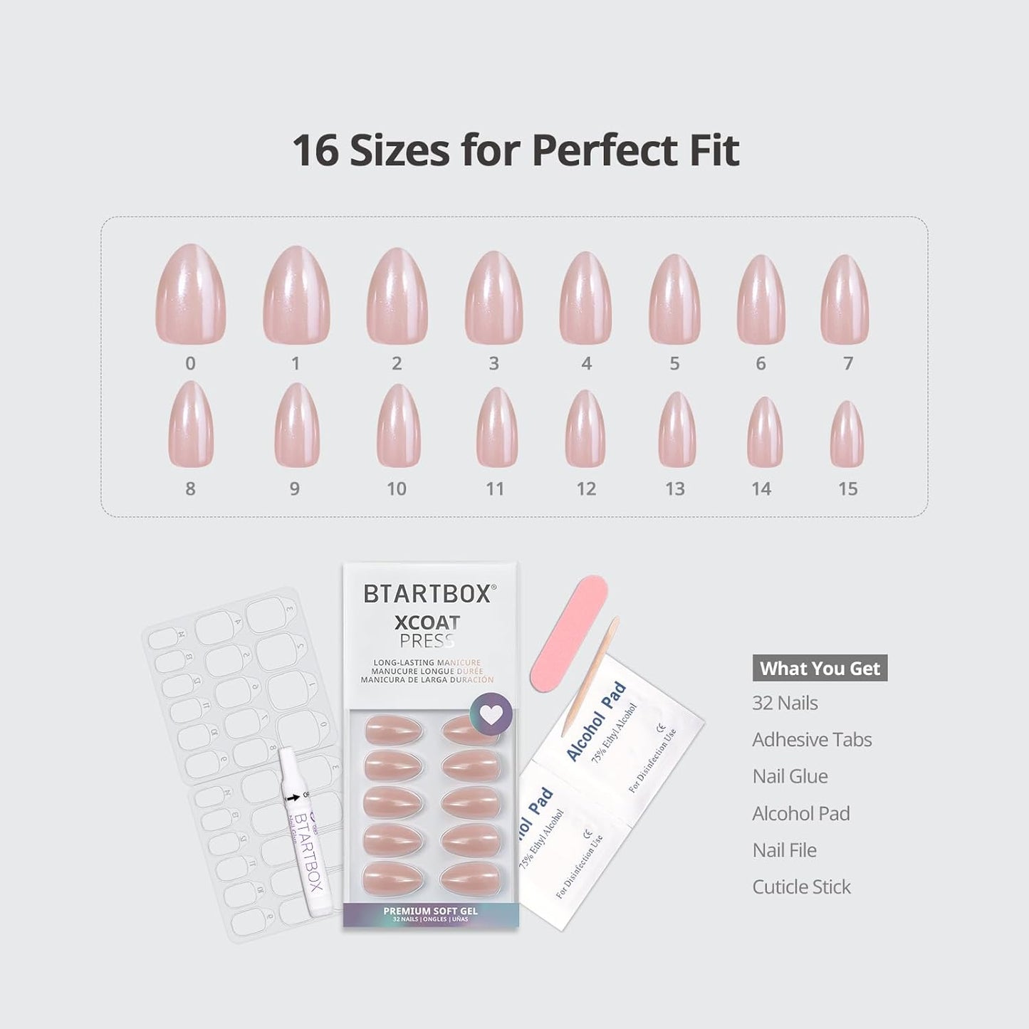 Press On Nails Almond - Short Nude Natural Glue-On Nails for Weddings & Birthdays | 32-Piece Kit in 16 Sizes