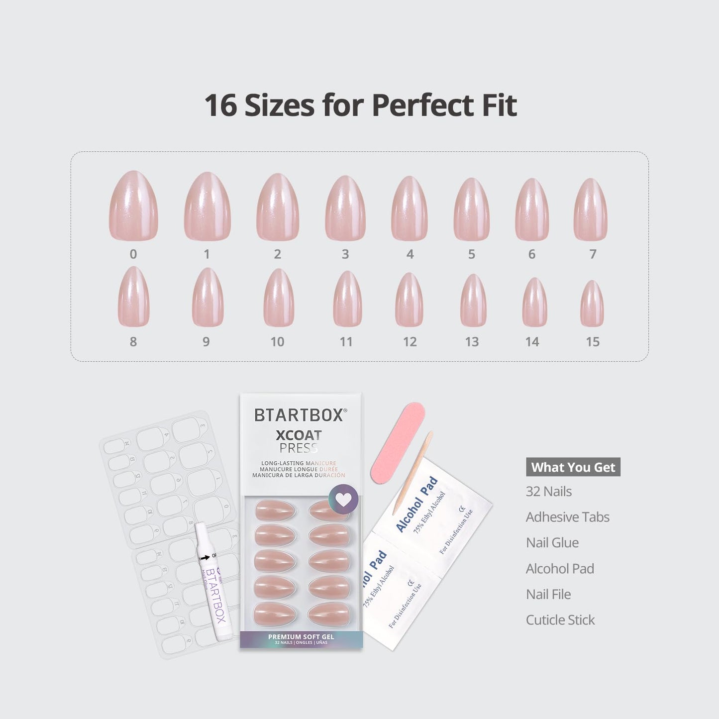 BTArtbox Press On Nails, Nudies, Short Almond, Short Nude Chrome, 32Ct
