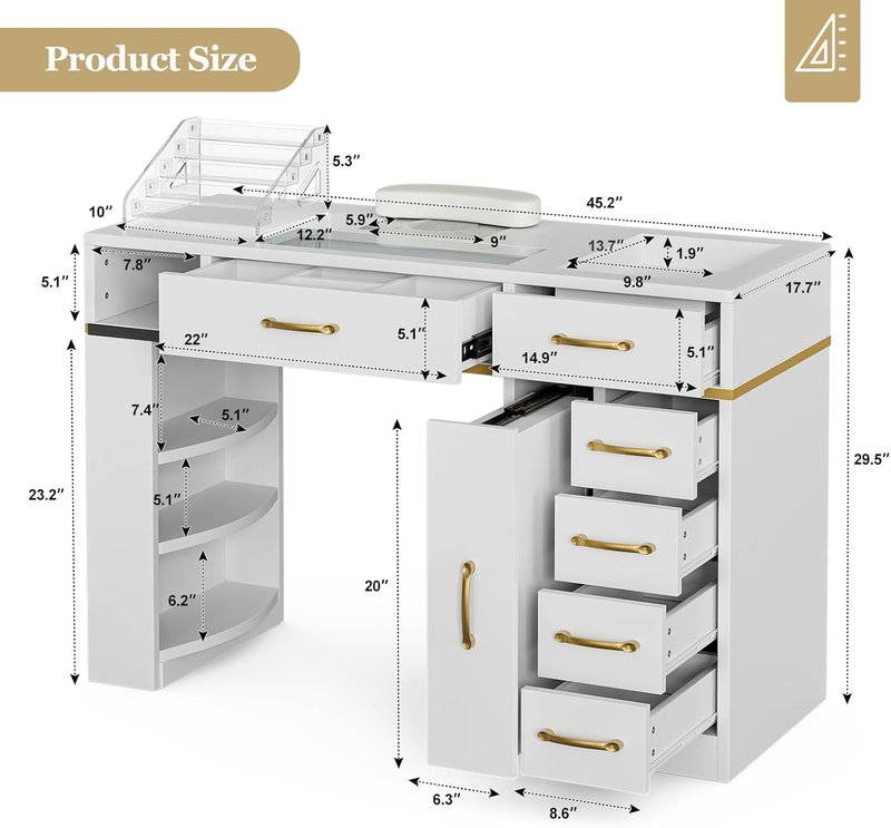 Nail Tech Table - Glass Top Manicure Desk with Dust Collector, 7 Drawers & 3-Tier Shelves | White Finish