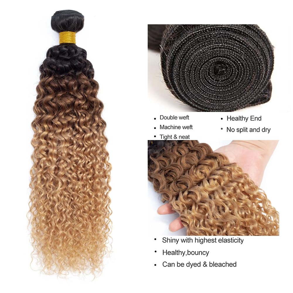 28 Inch T1B4/27 Ombre Blonde Bundles Human Hair Kinky Curly 1 Bundles 100 Grams/Bundle 10A Grade Unprocessed Brazilian Virgin Hairs Ombre Bundles Weaves Hair Extensions For Women
