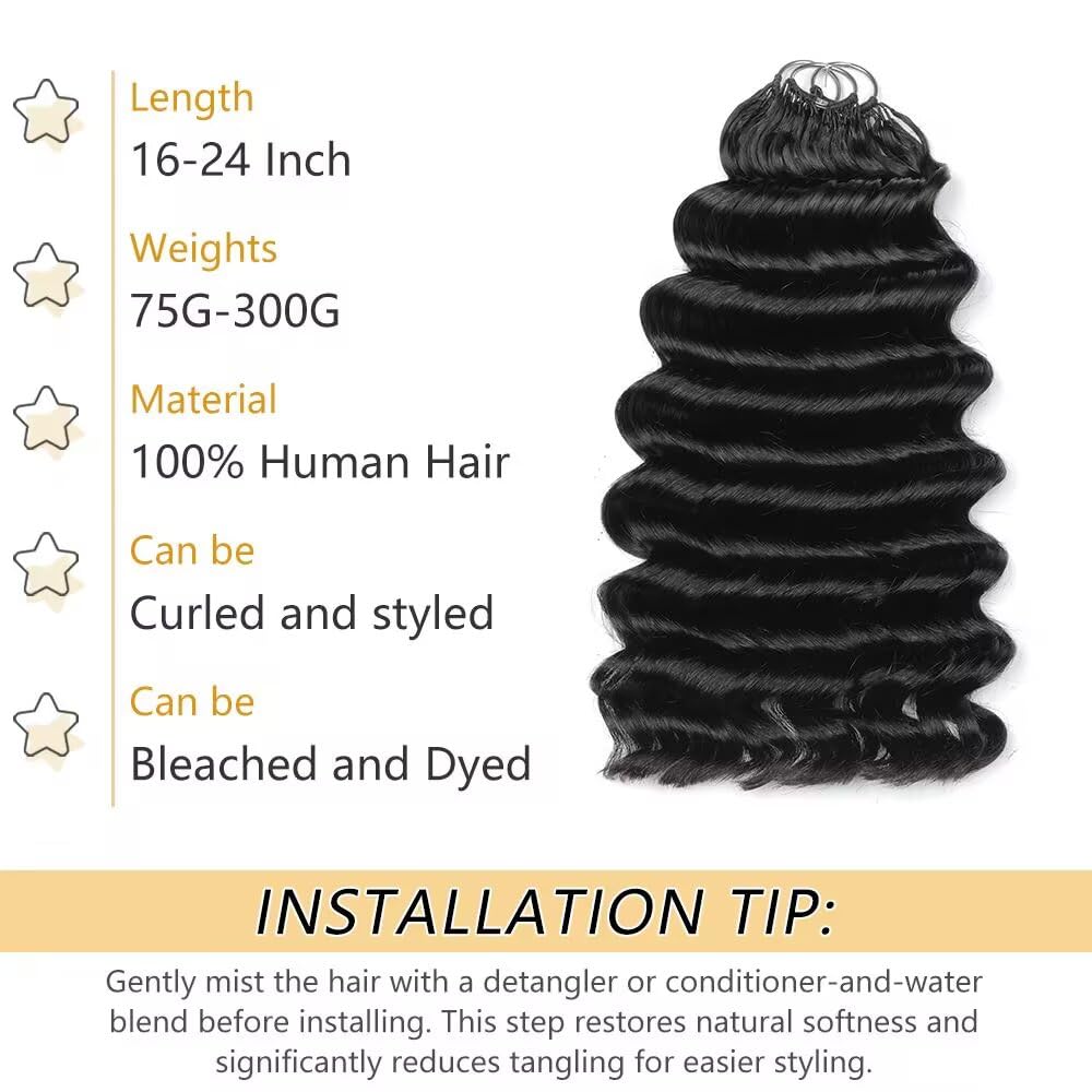Human Crochet Hair for Black Women - Miracle Knots 16 Inch Deep Ocean Wave Bundles | 60 Strands, 75g Natural Black