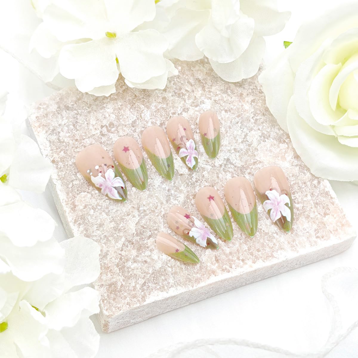 French Tip Press-On Nails - 24Pcs Medium Almond Colorful Star Design | Spring Flower Acrylic Manicure