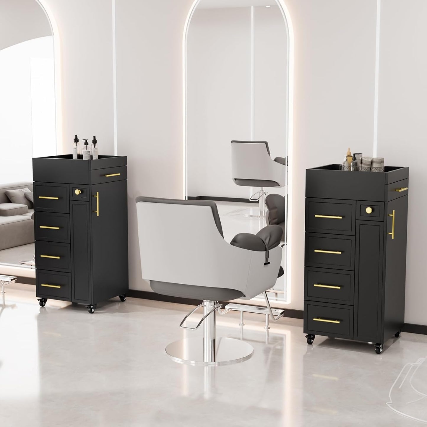 OmySalon Salon Trolley Cart - Mobile Hair Styling Station with 5 Drawers & Adjustable Shelf | Black