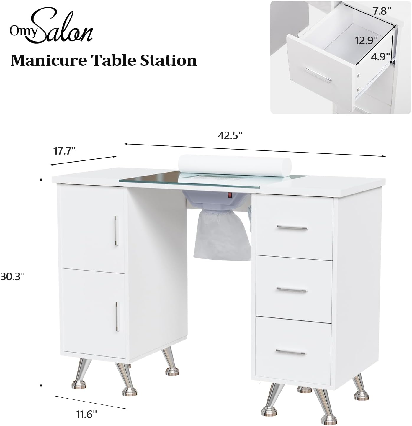 OmySalon Manicure Table - Glass Top Nail Desk with Wrist Rest & Storage | Acetone Resistant, White