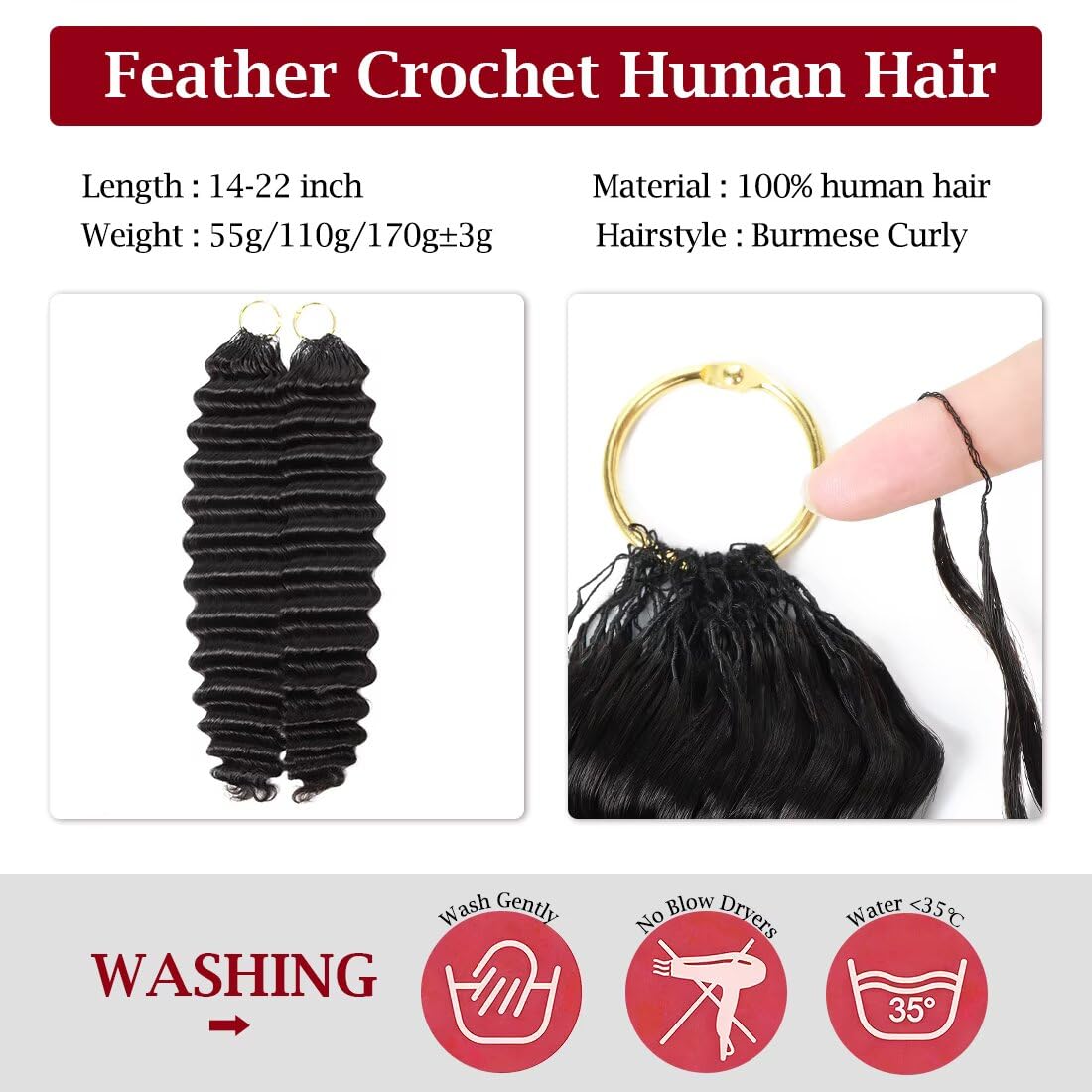 Miracle Knots Feather Human Crochet Hair 16 Inch 110g Pre-Looped 100% Human Hair for Deep Crochet Styles Invisible Seamless Knotless Soft Deep Wave Crochet Hair for Black Women (1B)