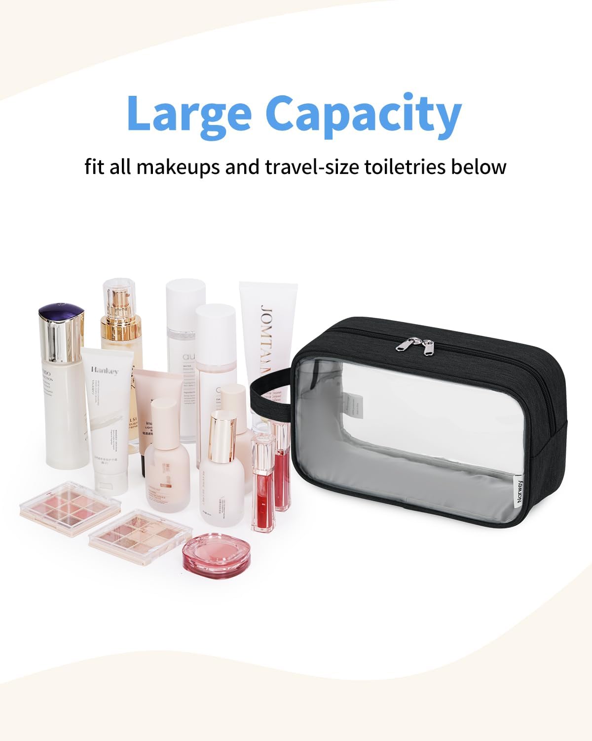 Clear Travel Toiletry Bag - Makeup Organizer with Zipper & Handle | Versatile Cosmetic Pouch for Men & Women - Black
