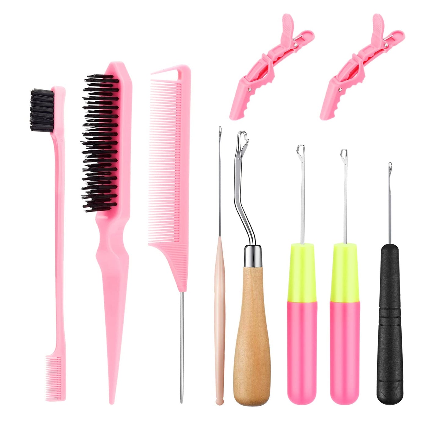 SWEET VIEW Crochet Needles for Hair With Edge Brush, Bristle Brush, Rat Tail Comb, Gator Clips, Latch Hook for Hair