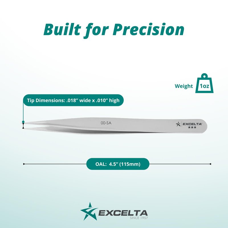 Excelta Precision Tweezers, Straight Medium Point, Professional Neverust Anti‑Magnetic Conductive Stainless Steel Tool with Slip‑Resistant Design for Medical Device Manufacturing, Jewelry, Electronics