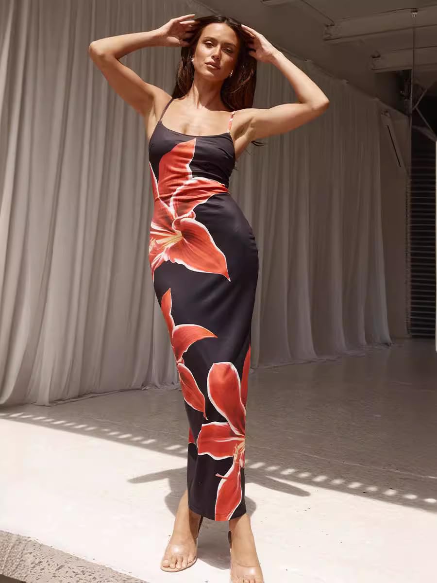 Women Floral Print Maxi Dress Spaghetti Strap Sleeveless Bodycon Long Dress Back Slit Summer Beach Party Dress