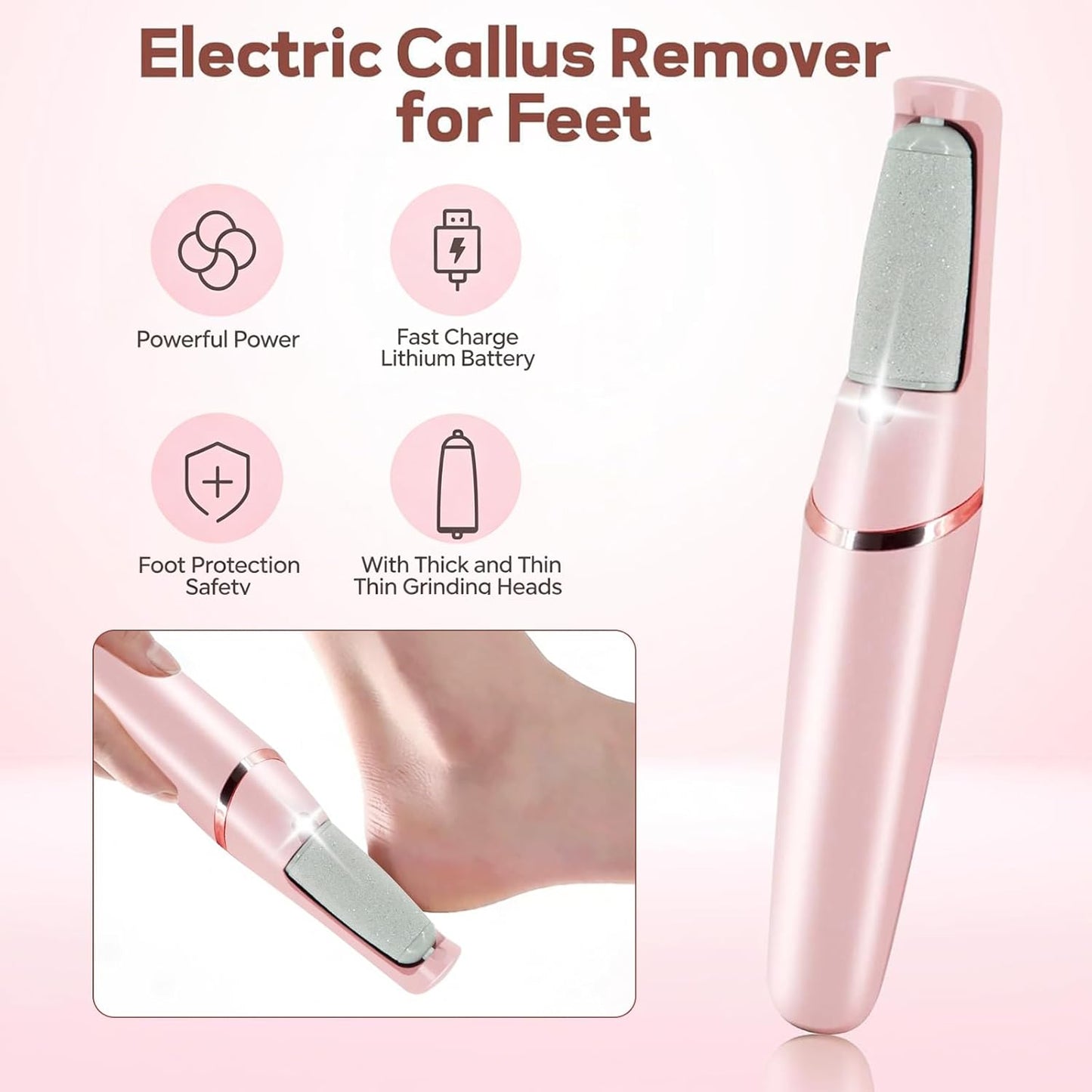 Electric Foot Callus Remover - Rechargeable Pedicure Tool with 2 Speeds & LED Light | At-Home Foot Care for Hard, Cracked Skin (White)