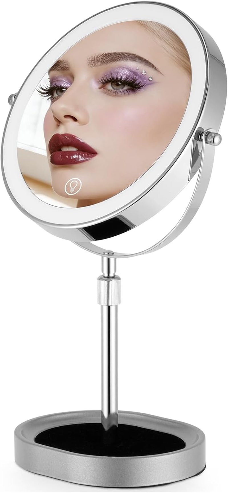 Adjustable-Height Rechargeable Makeup Mirror - 3 Color Lights, Touch Screen, 8'' Dual-Sided 1X/10X | 360° Rotation with Jewelry Tray