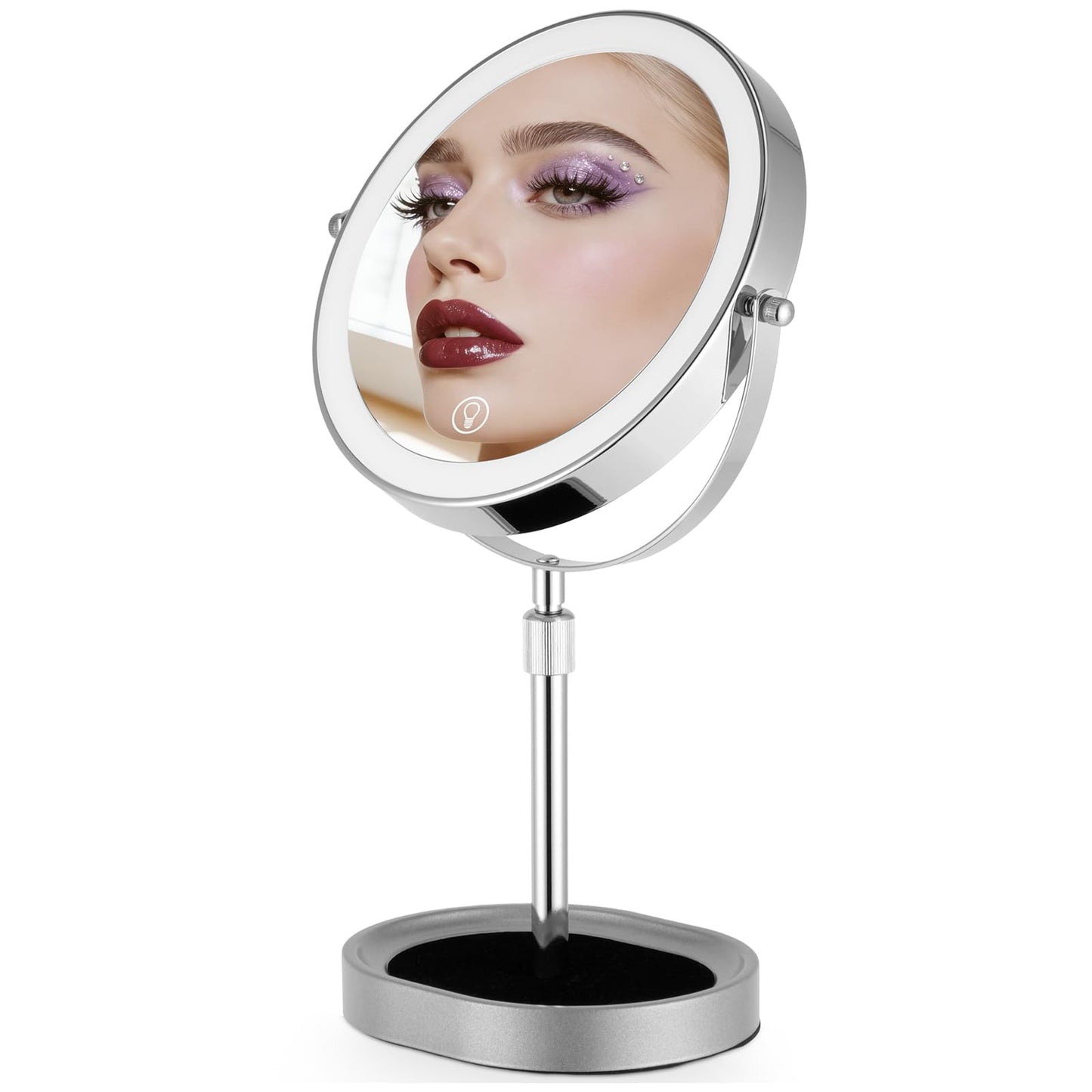 Rechargeable Adjustable-Height Makeup Mirror with 3 Color Lights,Touch Screen and Dimmable Settings,8'' Dual-Sided 1X/10X,360° Rotation Vanity Mirror with Jewelry Tray,Lighting Cosmetic Mirror